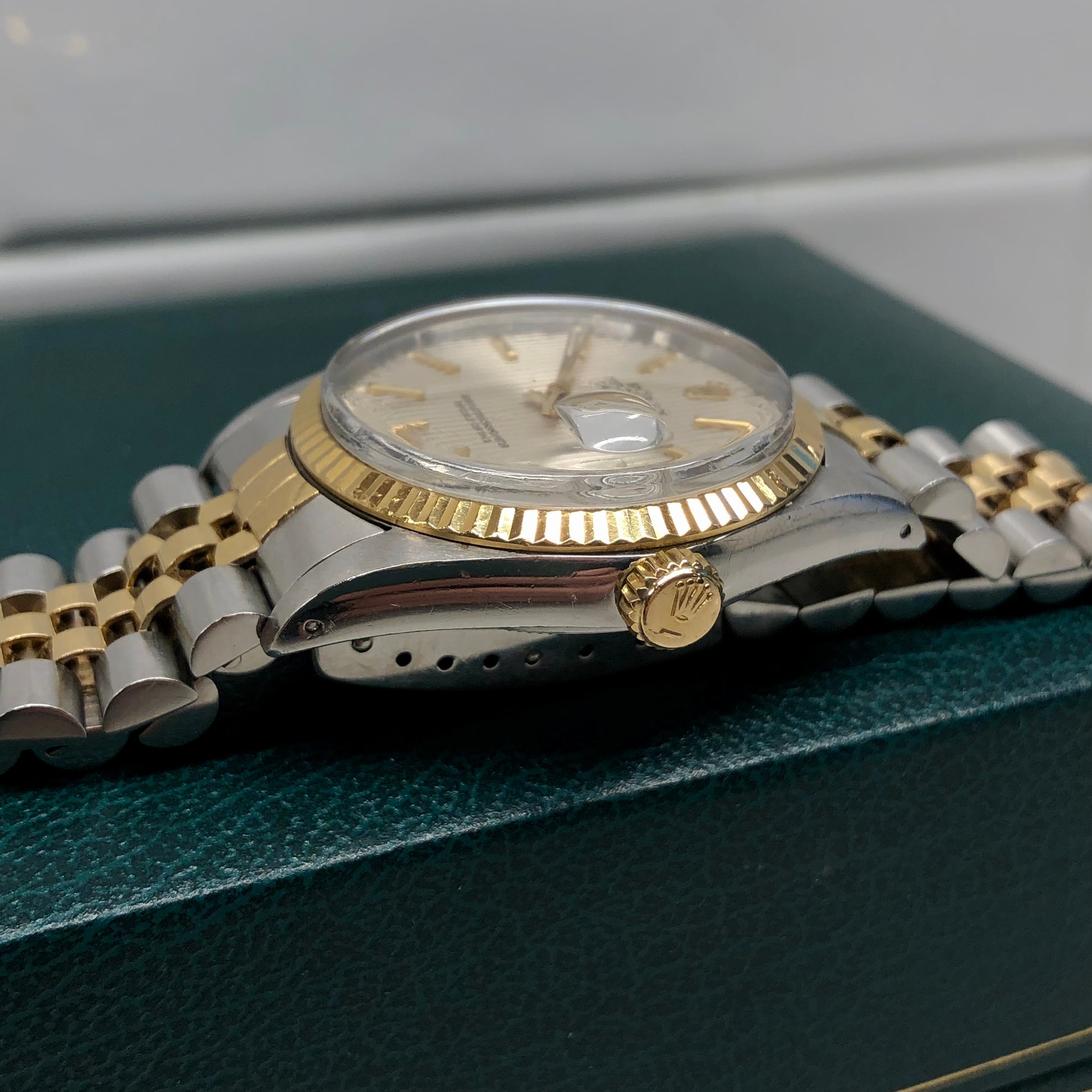 1986 Rolex Datejust 16013 Silver Tapestry Two Tone Jubilee Wristwatch with Box and Papers - Hashtag Watch Company