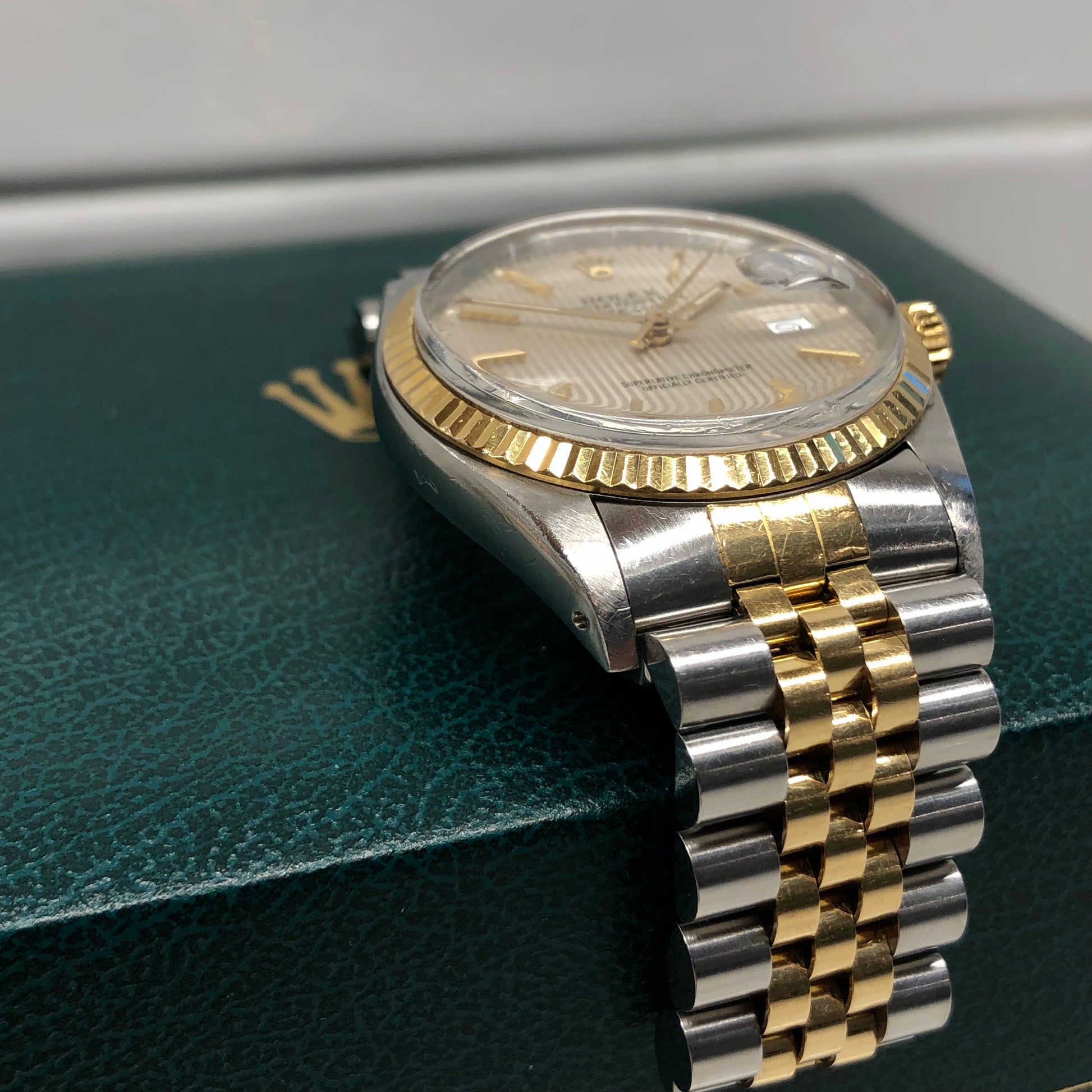 1986 Rolex Datejust 16013 Silver Tapestry Two Tone Jubilee Wristwatch with Box and Papers - Hashtag Watch Company