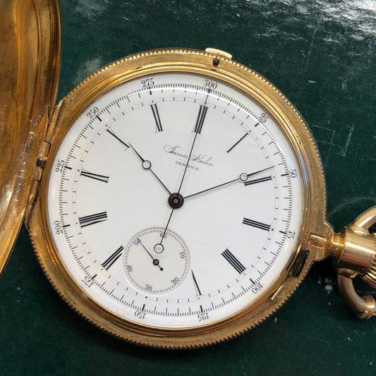 1918 James Kahn Geneva 18K Yellow Gold Chronograph White Porcelain Hunter Case Pocket Watch - HASHTAGWATCHCO