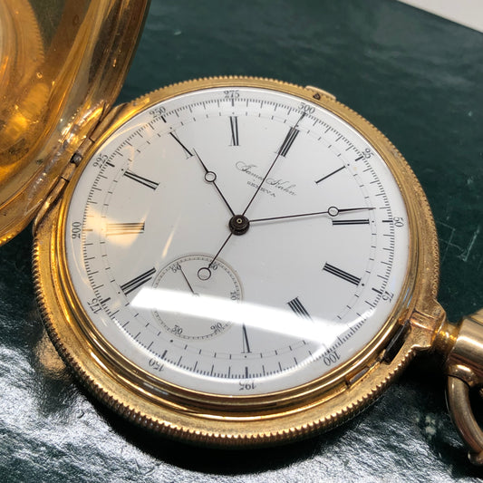 1918 James Kahn Geneva 18K Yellow Gold Chronograph White Porcelain Hunter Case Pocket Watch - HASHTAGWATCHCO