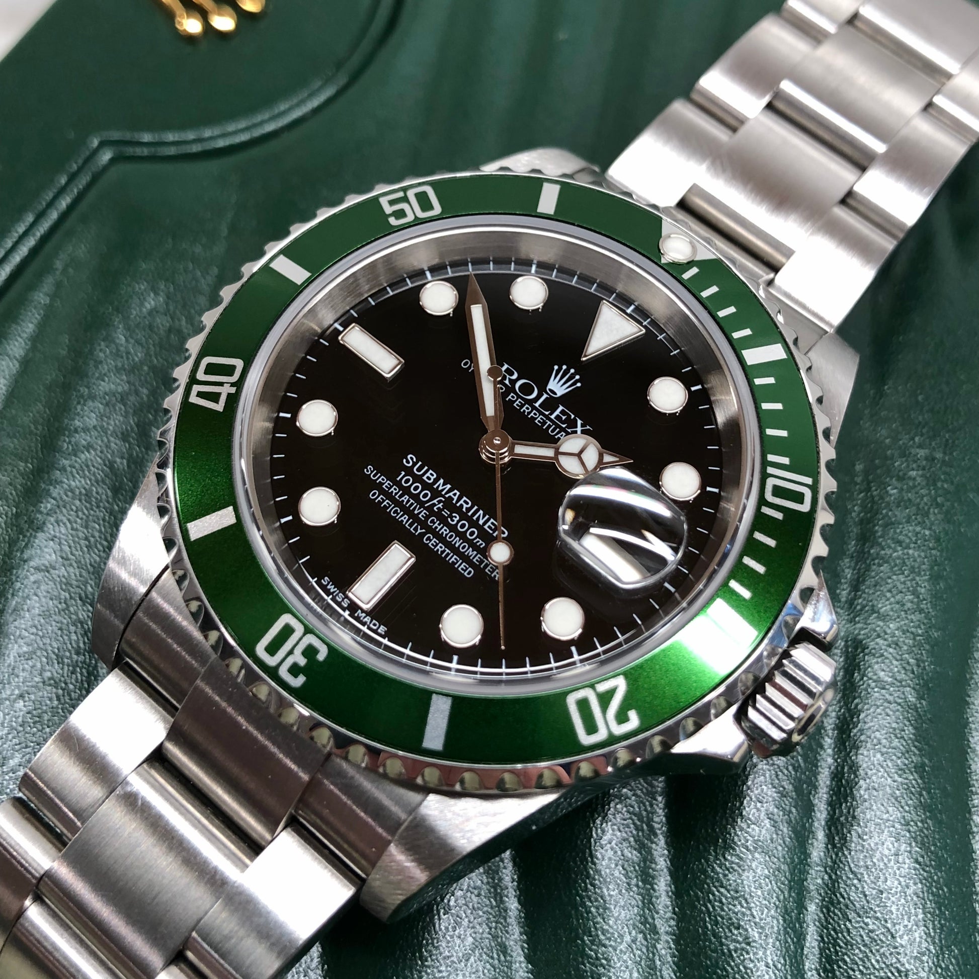 2004 Rolex Submariner 16610LV Kermit Flat Four Green Bezel 50th Anniversary Wristwatch with Box and Papers - Hashtag Watch Company