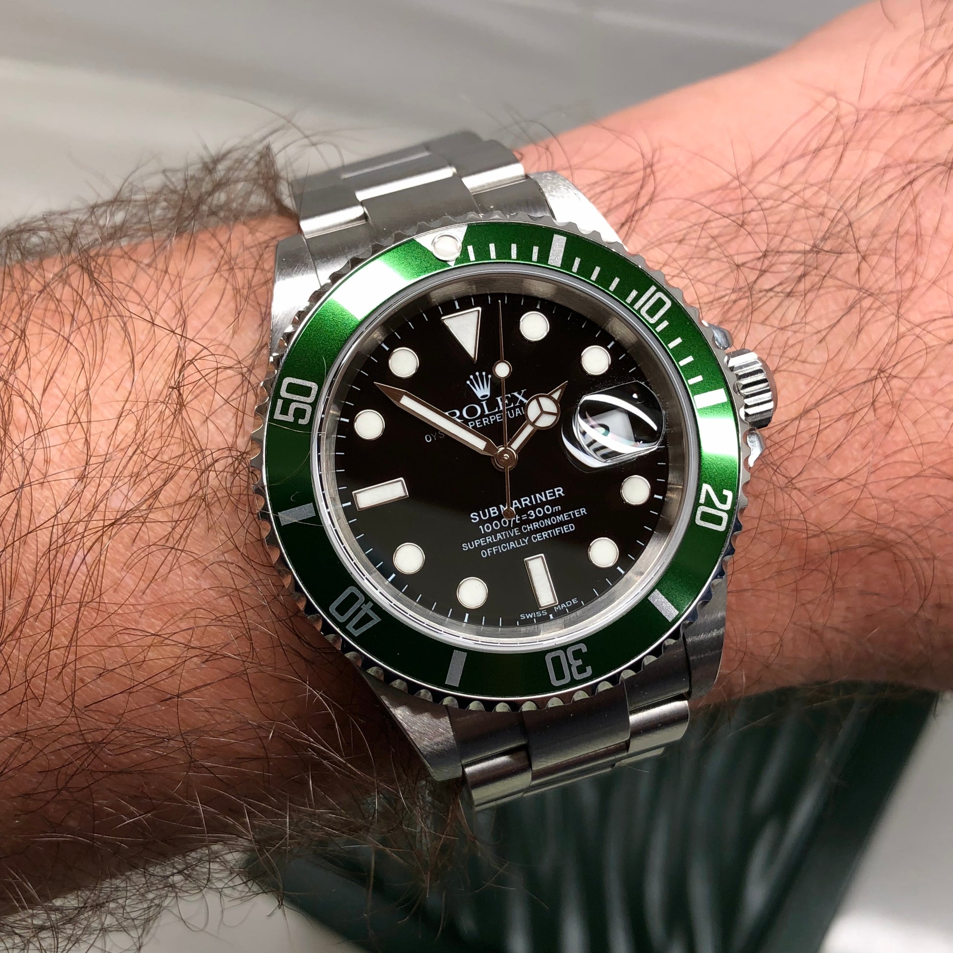 2004 Rolex Submariner 16610LV Kermit Flat Four Green Bezel 50th Anniversary Wristwatch with Box and Papers