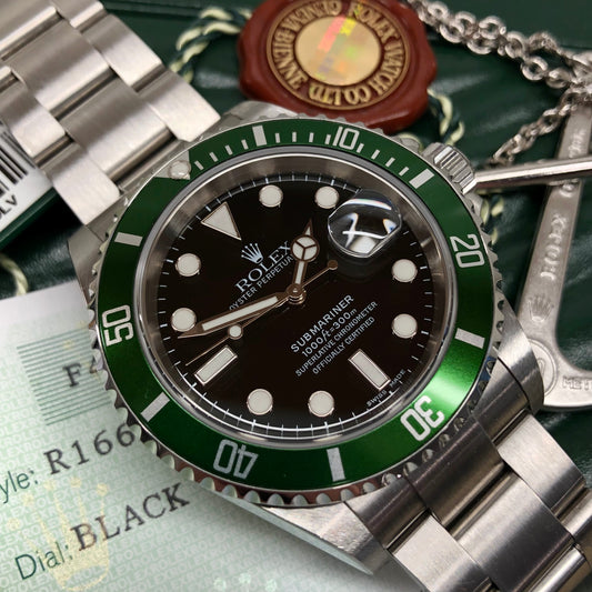 2004 Rolex Submariner 16610LV Kermit Flat Four Green Bezel 50th Anniversary Wristwatch with Box and Papers - Hashtag Watch Company