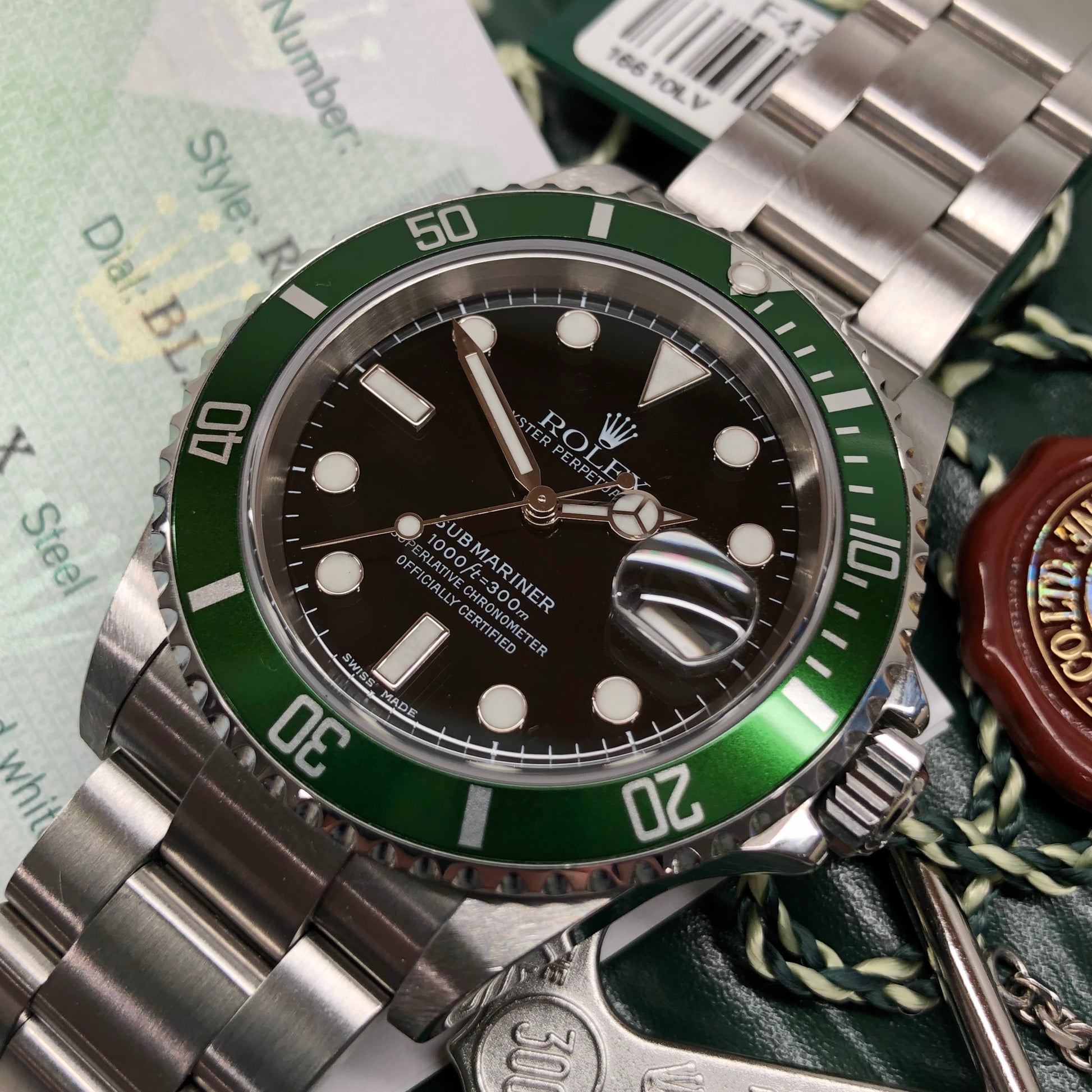 Rolex Submariner Anniversary Kermit Watch Ref. 16610 with Flat Four Bezel  (NEW ARRIVAL)