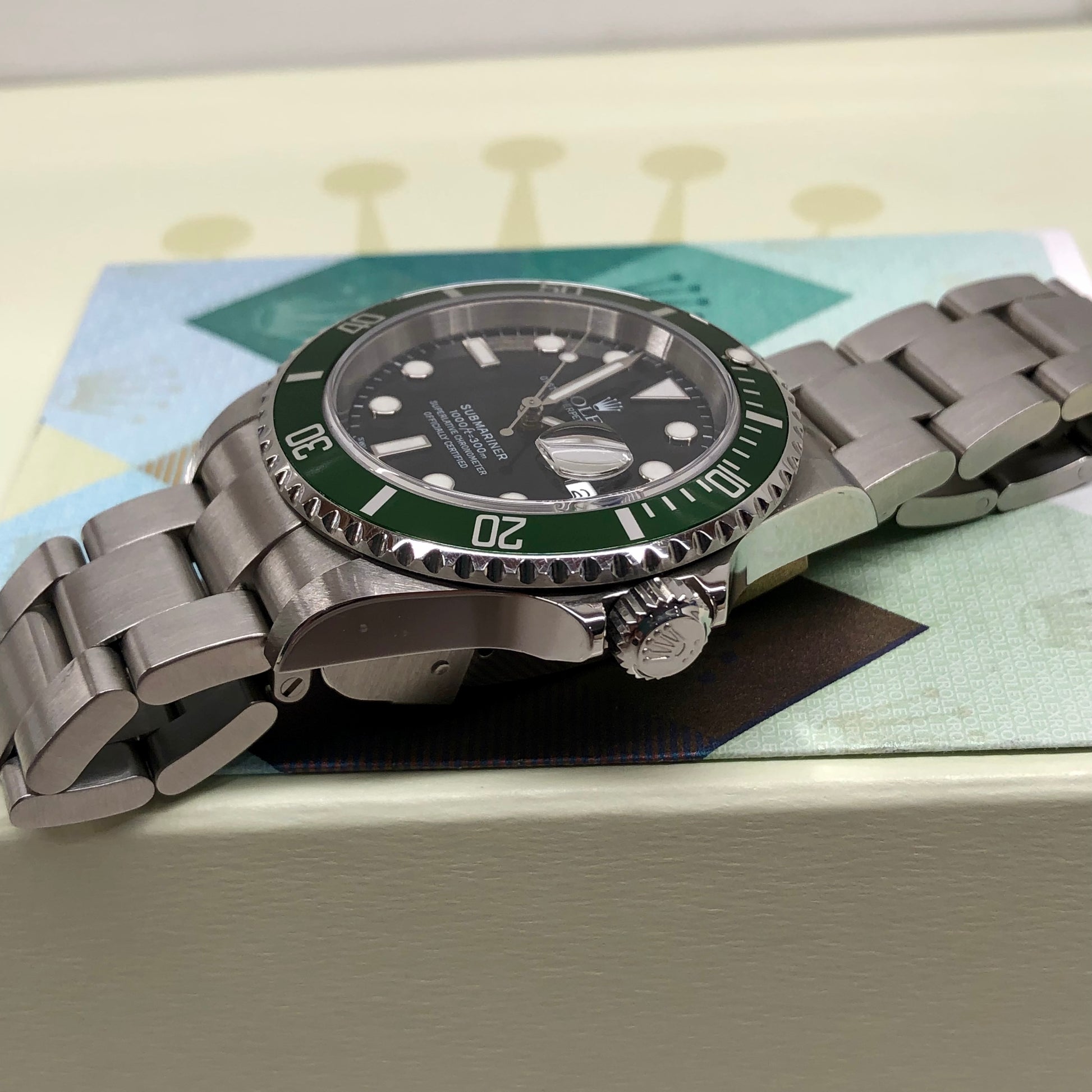 2004 Rolex Submariner 16610LV Kermit Flat Four Green Bezel 50th Anniversary Wristwatch with Box and Papers - Hashtag Watch Company