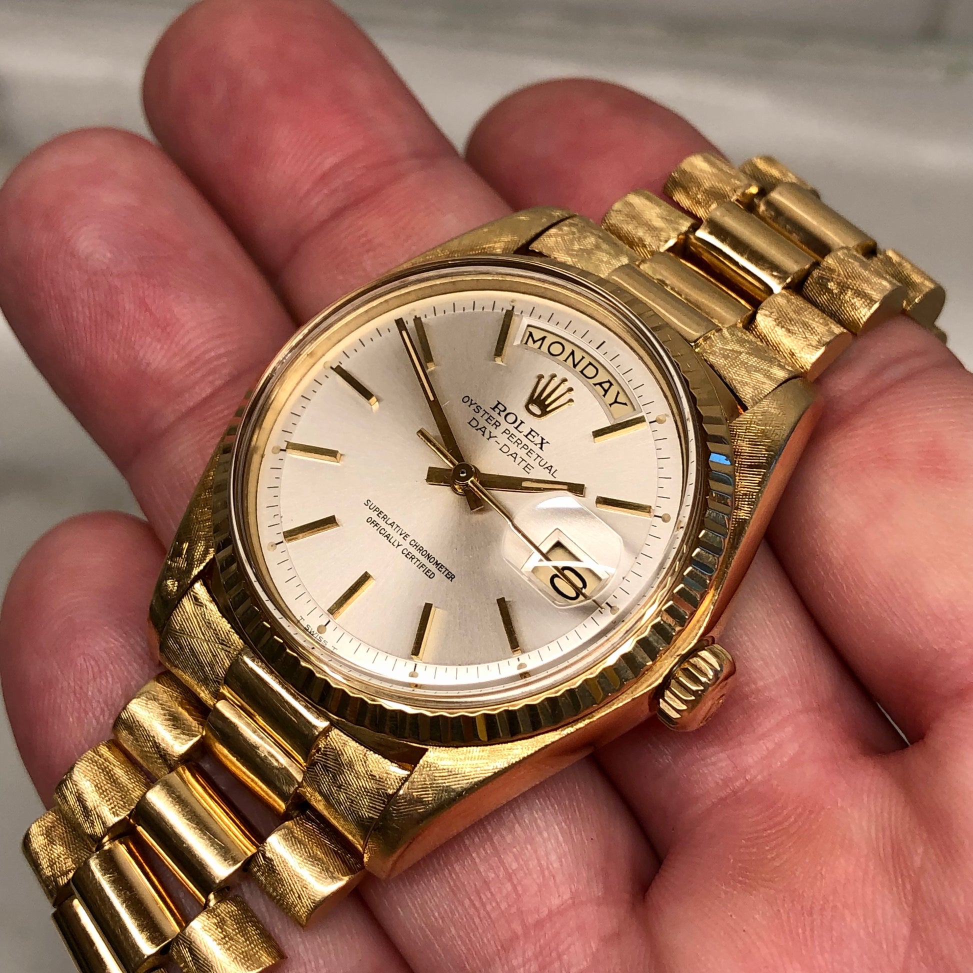 1978 Rolex President 1803 Day Date Yellow Gold Silver Dial Florentine Automatic Wristwatch with Papers - HASHTAGWATCHCO