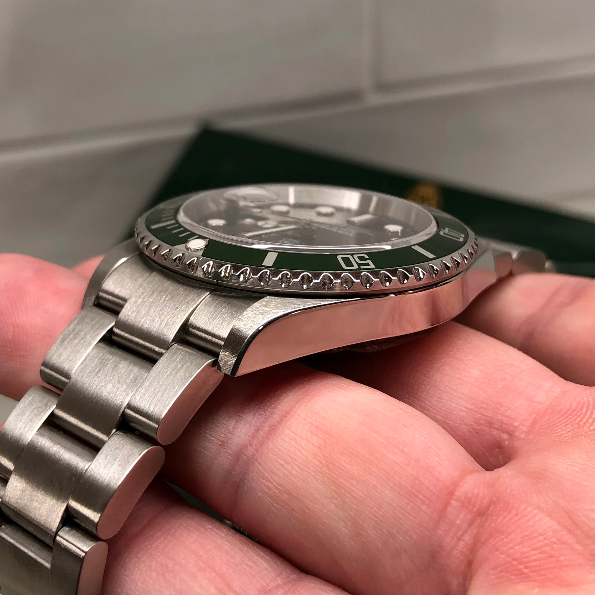 2004 Rolex Submariner 16610LV Kermit Flat Four Green Bezel 50th Anniversary Wristwatch with Box and Papers - Hashtag Watch Company