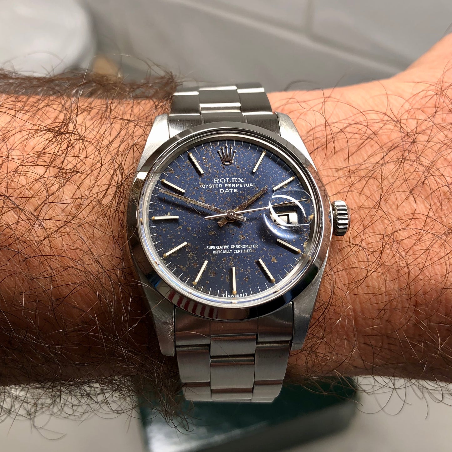 1977 Rolex Date 1500 Blue Dial Stainless Steel Wristwatch