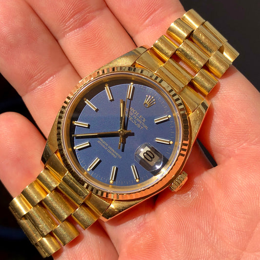1981 Rolex DateJust 16018 18K Yellow Gold Blue Dial Sapphire Wristwatch