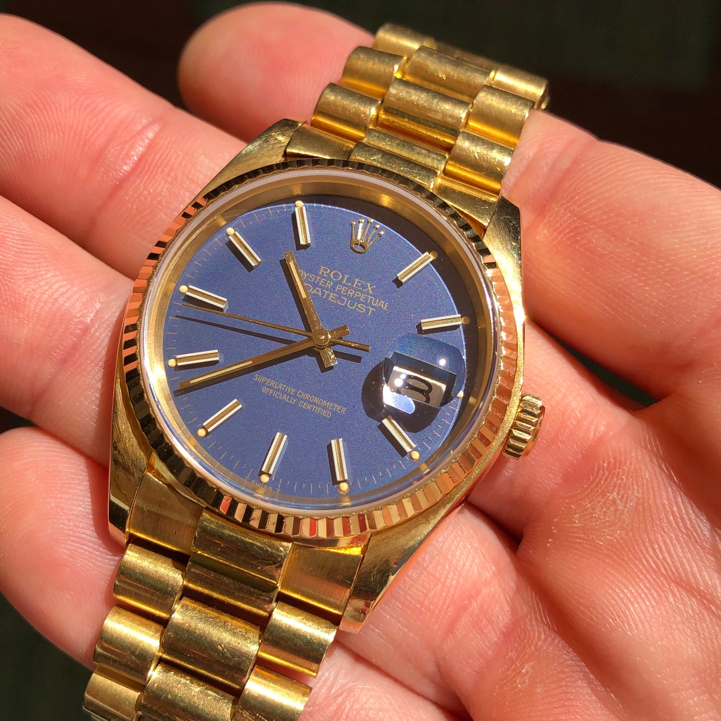 1981 Rolex DateJust 16018 18K Yellow Gold Blue Dial Sapphire Wristwatch