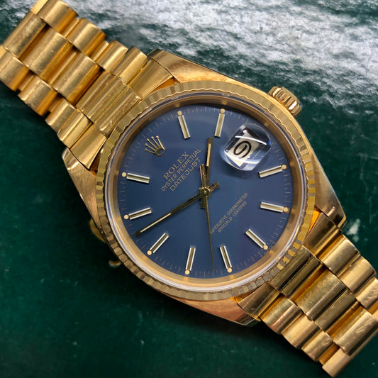 1981 Rolex DateJust 16018 18K Yellow Gold Blue Dial Sapphire Wristwatch