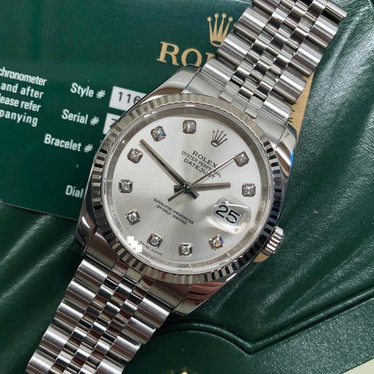 2007 Rolex Datejust 116234 Silver Diamond 36mm Jubilee Wristwatch with Box and Papers