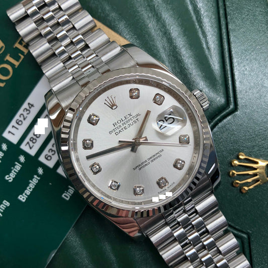 2007 Rolex Datejust 116234 Silver Diamond 36mm Jubilee Wristwatch with Box and Papers