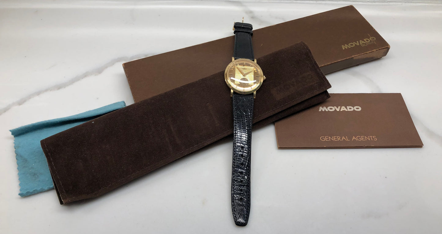 1960s Movado Gentleman Deluxe Mirror Hobnail 18K Yellow Gold Automatic Dress Wristwatch with Original Box and Booklet - Hashtag Watch Company