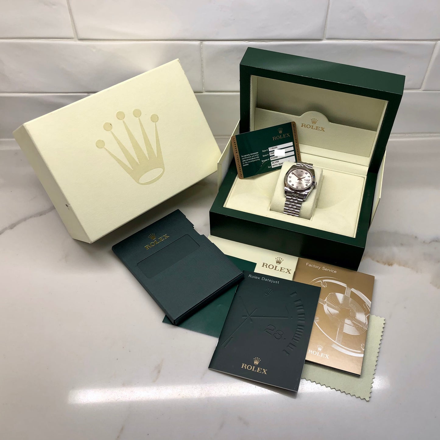 2007 Rolex Datejust 116234 Silver Diamond 36mm Jubilee Wristwatch with Box and Papers