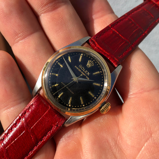 1956 Rolex Oyster Perpetual 6548 Super Precision Black Gilt Automatic Two Tone Wristwatch