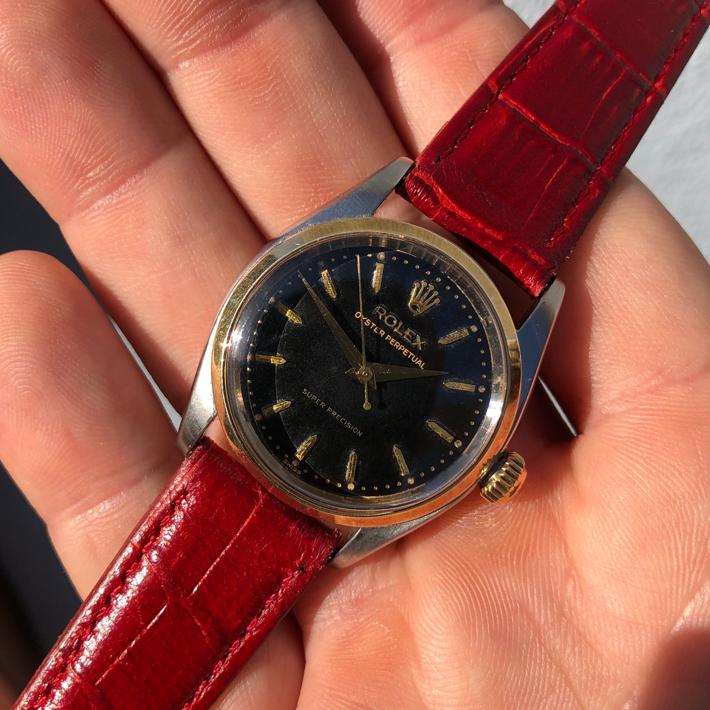 1956 Rolex Oyster Perpetual 6548 Super Precision Black Gilt Automatic Two Tone Wristwatch