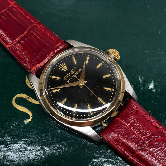 1956 Rolex Oyster Perpetual 6548 Super Precision Black Gilt Automatic Two Tone Wristwatch