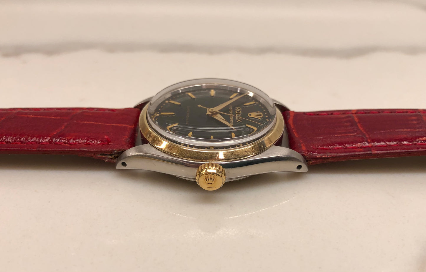 1956 Rolex Oyster Perpetual 6548 Super Precision Black Gilt Automatic Two Tone Wristwatch
