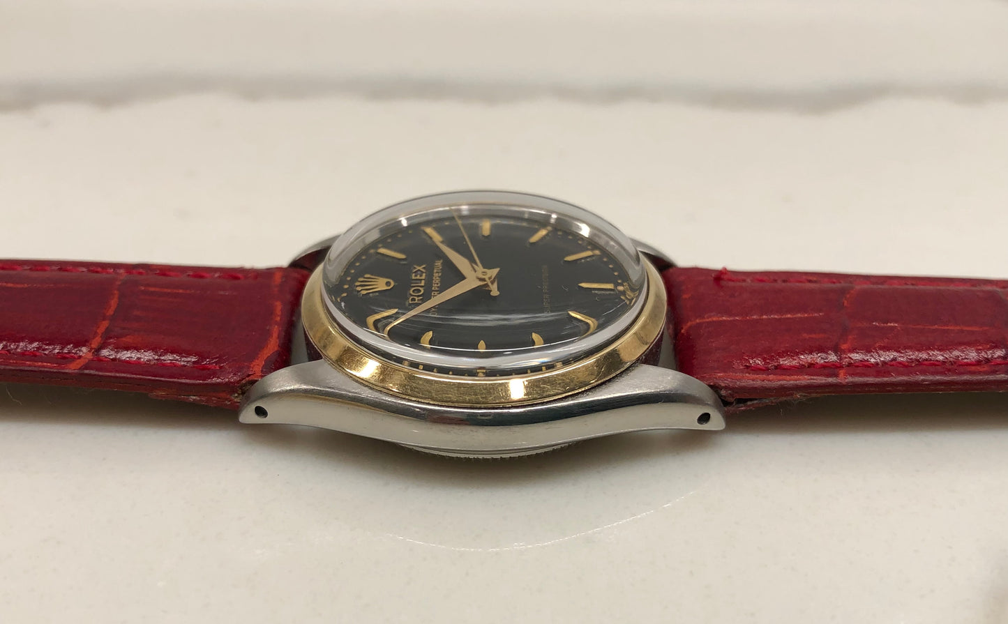 1956 Rolex Oyster Perpetual 6548 Super Precision Black Gilt Automatic Two Tone Wristwatch