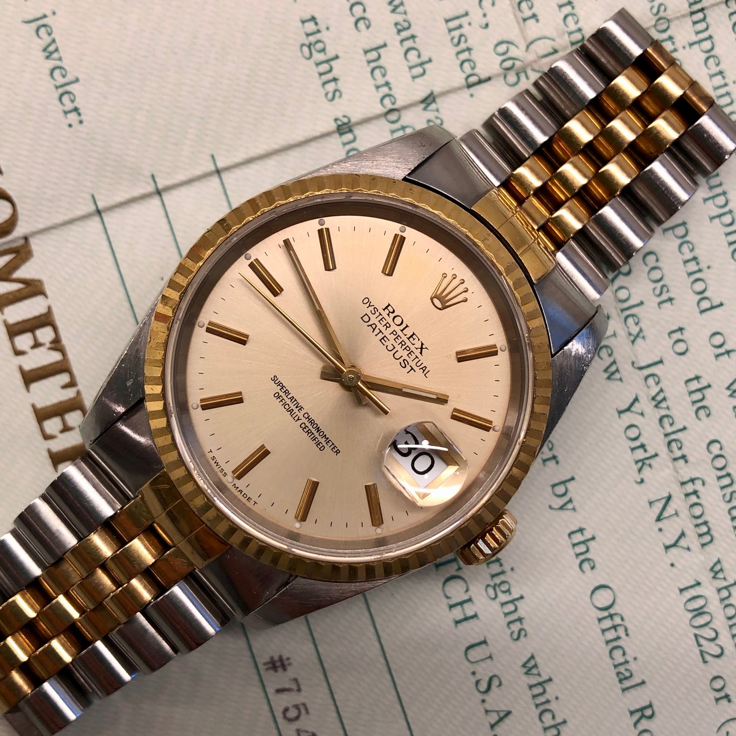 1990 Rolex Datejust 16233 Two Tone Silver Stick Jubilee Sapphire Wristwatch with Papers
