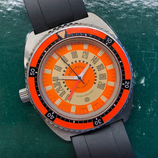 1970s Aquadive Time-Depth Gauge Orange Combination Electronic Steel Vintage Diving Wristwatch - HASHTAGWATCHCO