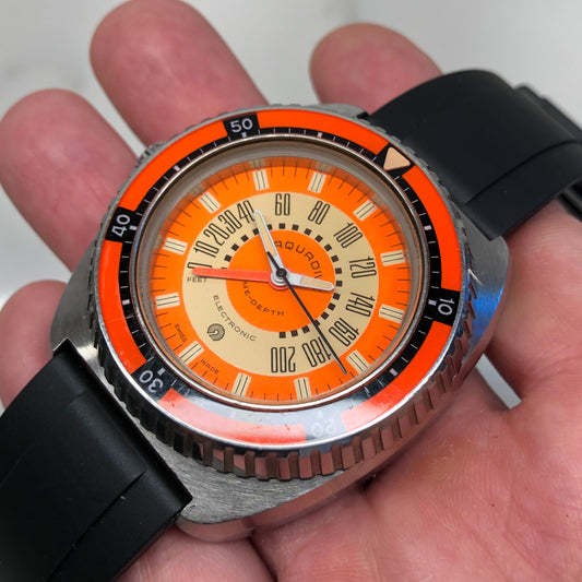 1970s Aquadive Time-Depth Gauge Orange Combination Electronic Steel Vintage Diving Wristwatch - HASHTAGWATCHCO