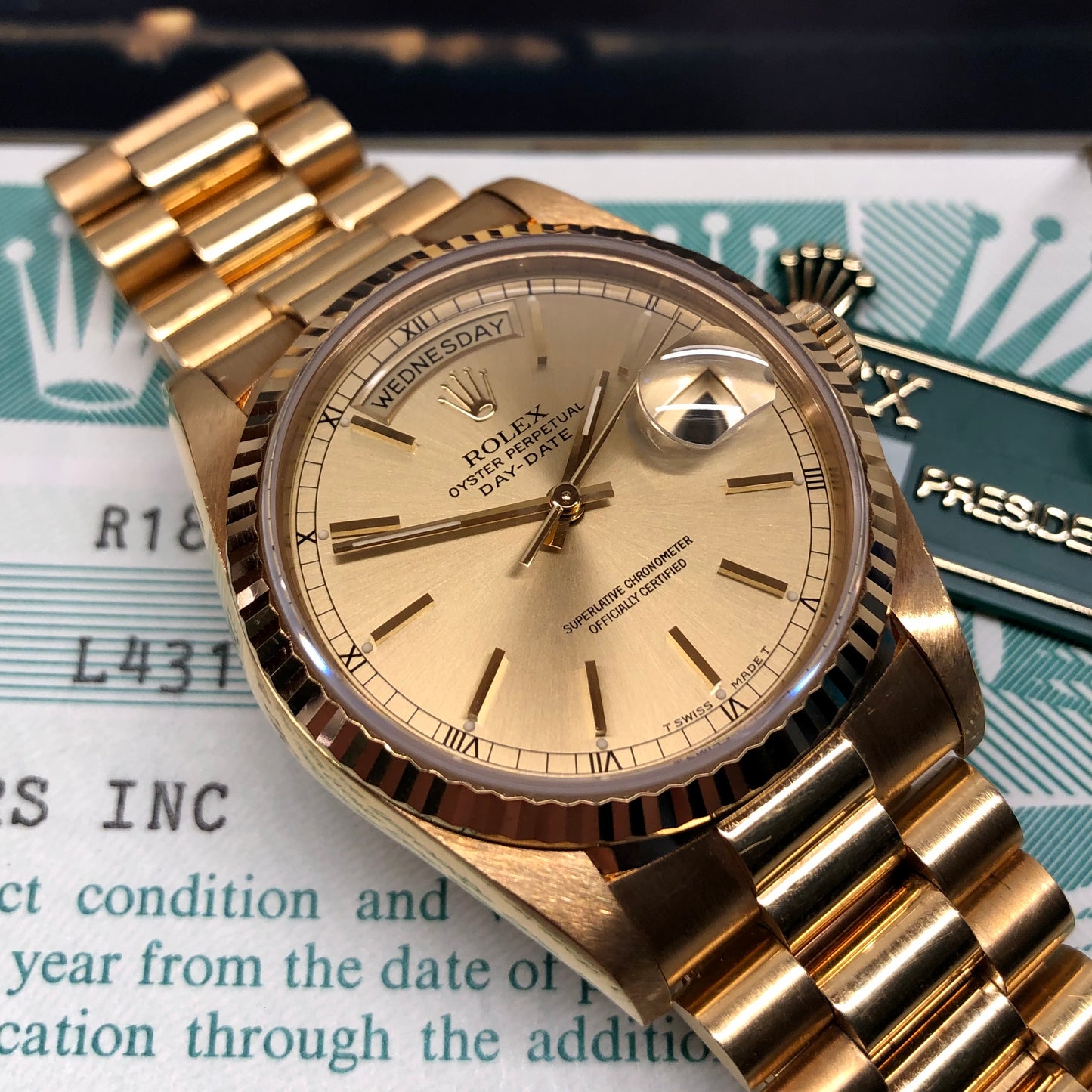 1989 Rolex President 18238 Day Date 18K Yellow Gold Champagne Dial Wristwatch with Box and Papers GREAT Story - HASHTAGWATCHCO