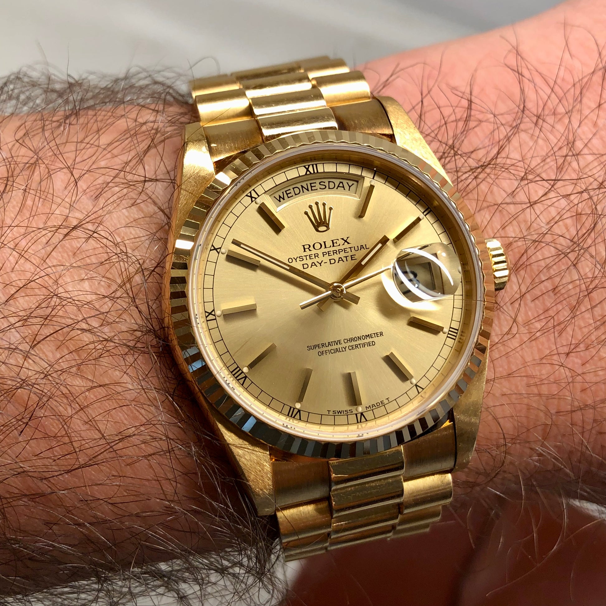 1989 Rolex President 18238 Day Date 18K Yellow Gold Champagne Dial Wristwatch with Box and Papers GREAT Story - HASHTAGWATCHCO