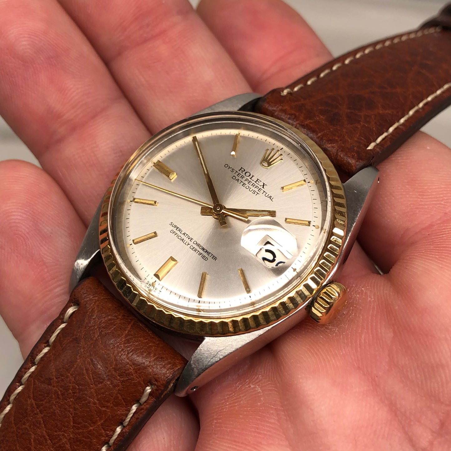 1971 Rolex Datejust 1601 Silver Dial Yellow Gold Fluted Bezel Wristwatch