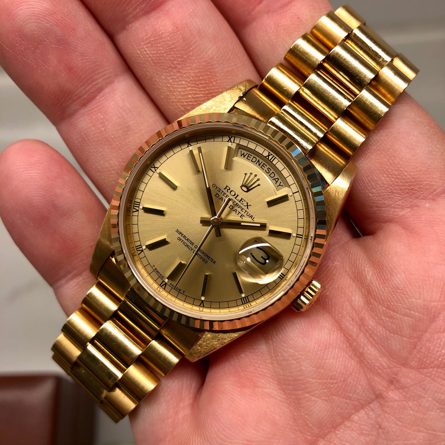 1989 Rolex President 18238 Day Date 18K Yellow Gold Champagne Dial Wristwatch with Box and Papers GREAT Story - HASHTAGWATCHCO