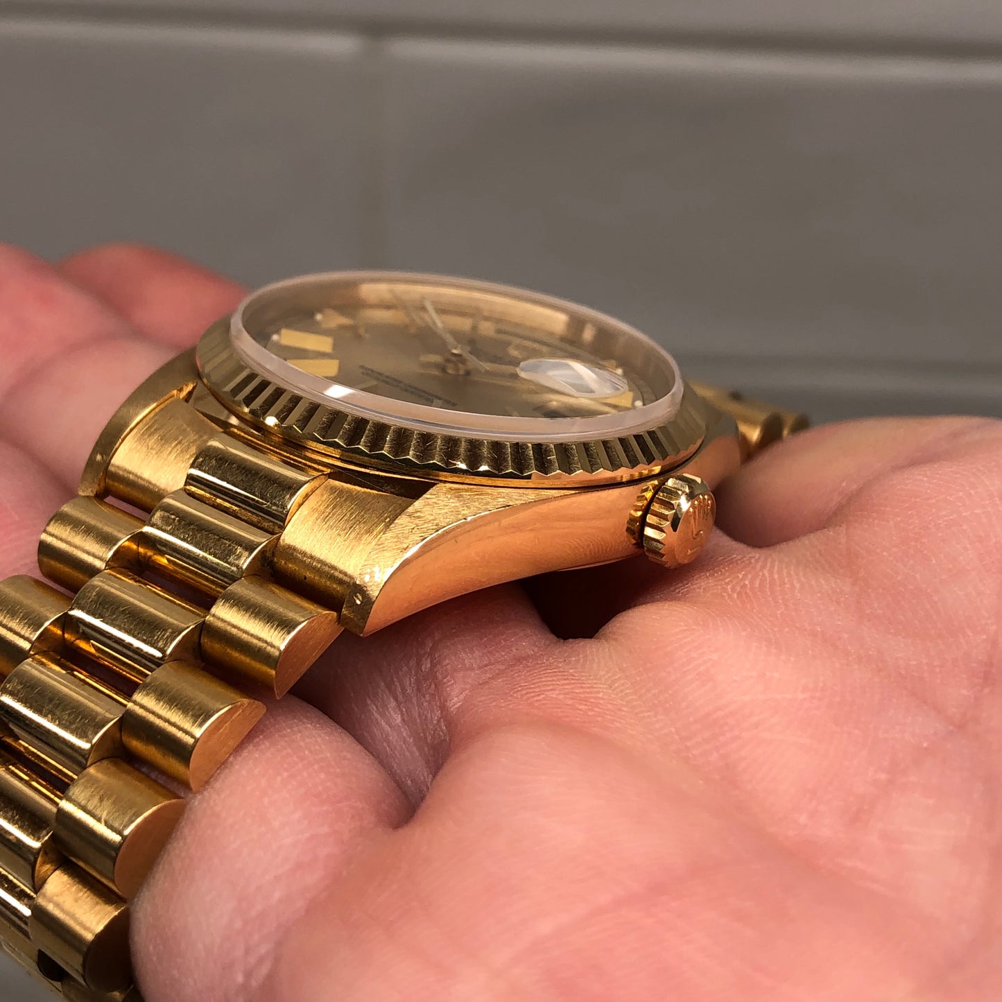 1989 Rolex President 18238 Day Date 18K Yellow Gold Champagne Dial Wristwatch with Box and Papers GREAT Story - HASHTAGWATCHCO