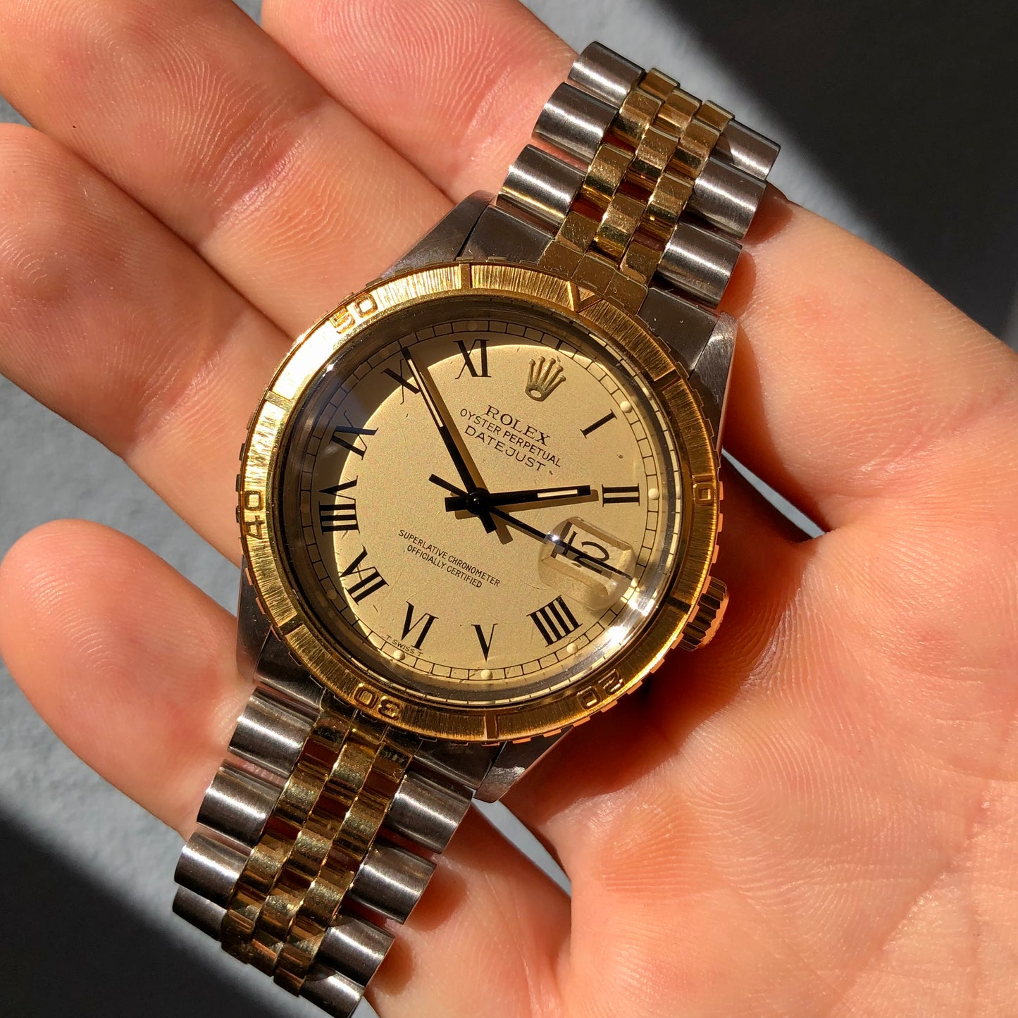 1986 Rolex Datejust Thunderbird 16253 Turn-O-Graph Champange Two Tone Jubilee Wristwatch