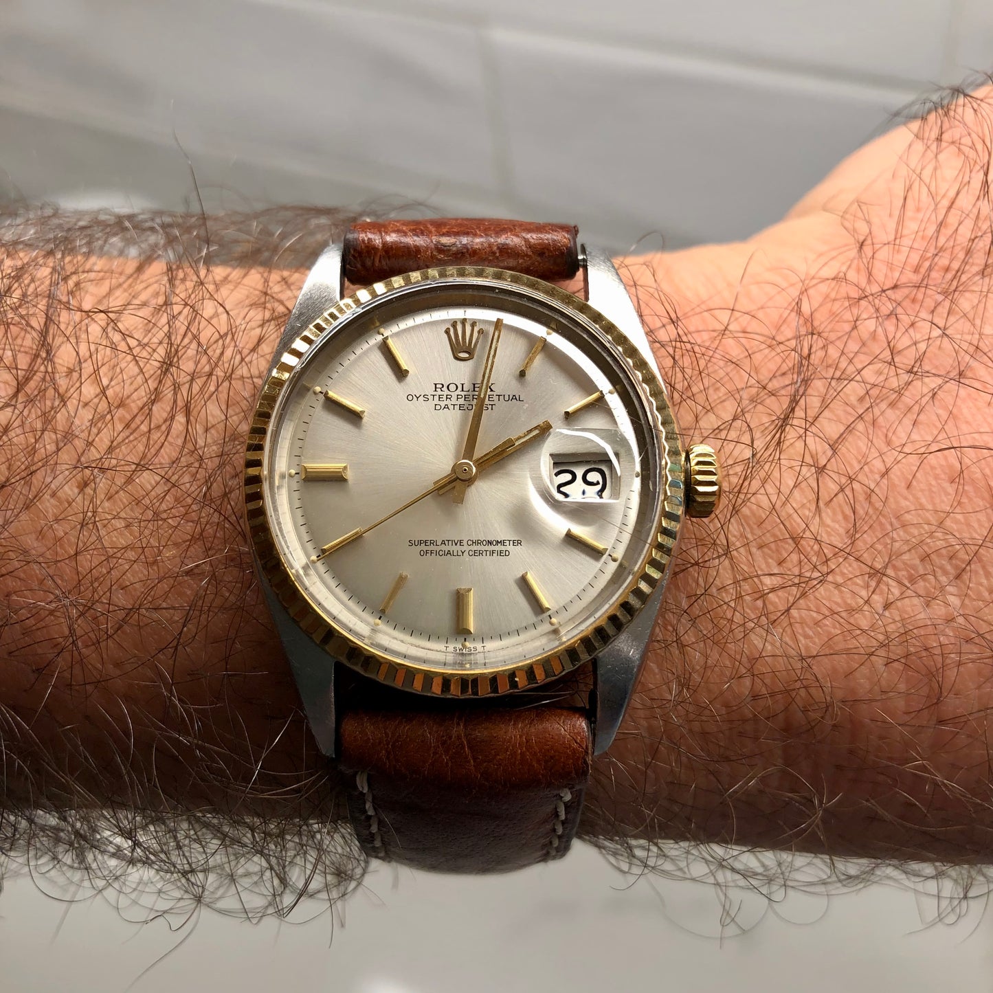 1971 Rolex Datejust 1601 Silver Dial Yellow Gold Fluted Bezel Wristwatch