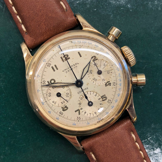 1950s Universal Geneve Compax 52215 Chronograph 14K Yellow Gold Caliber 281 Wristwatch - HASHTAGWATCHCO