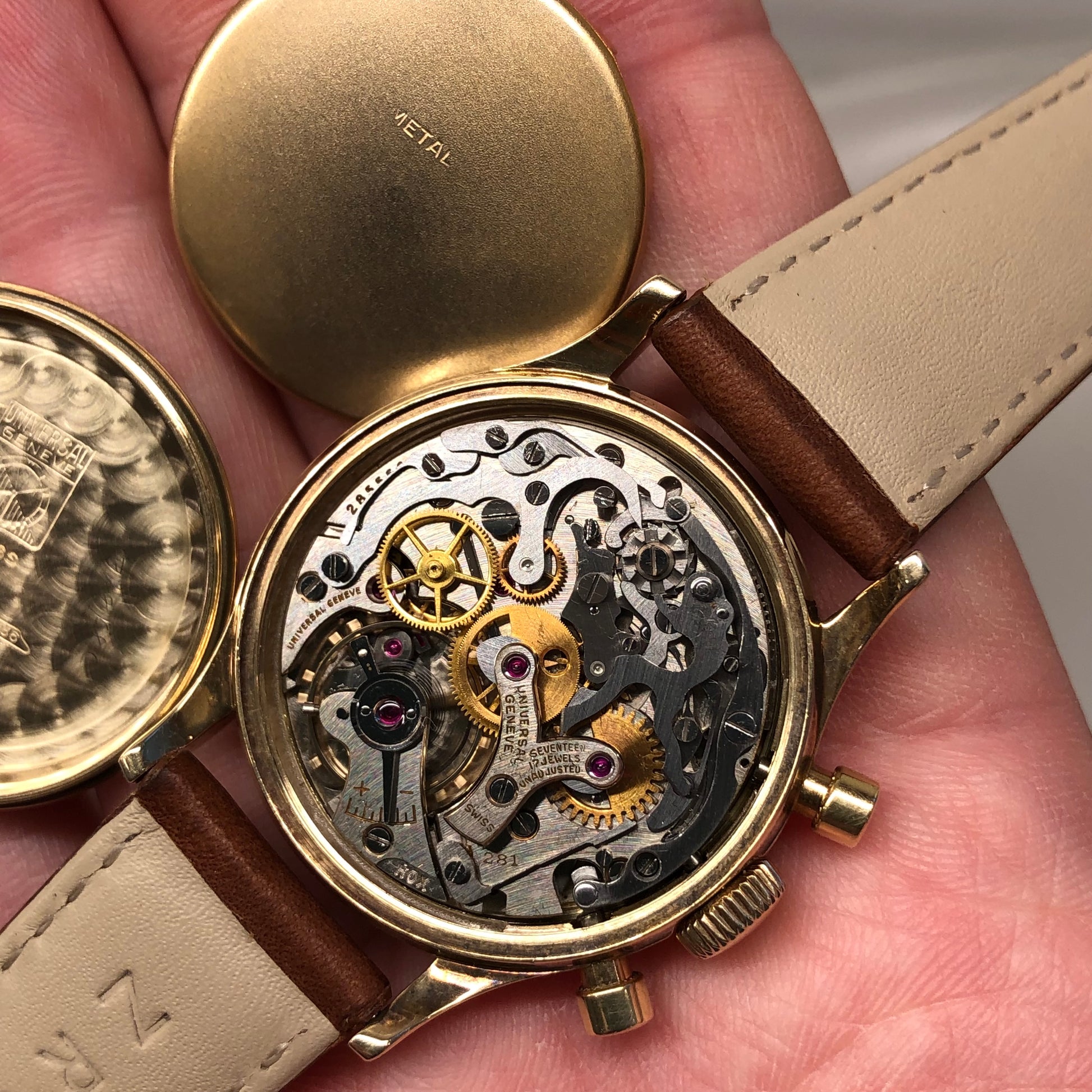 1950s Universal Geneve Compax 52215 Chronograph 14K Yellow Gold Caliber 281 Wristwatch - HASHTAGWATCHCO