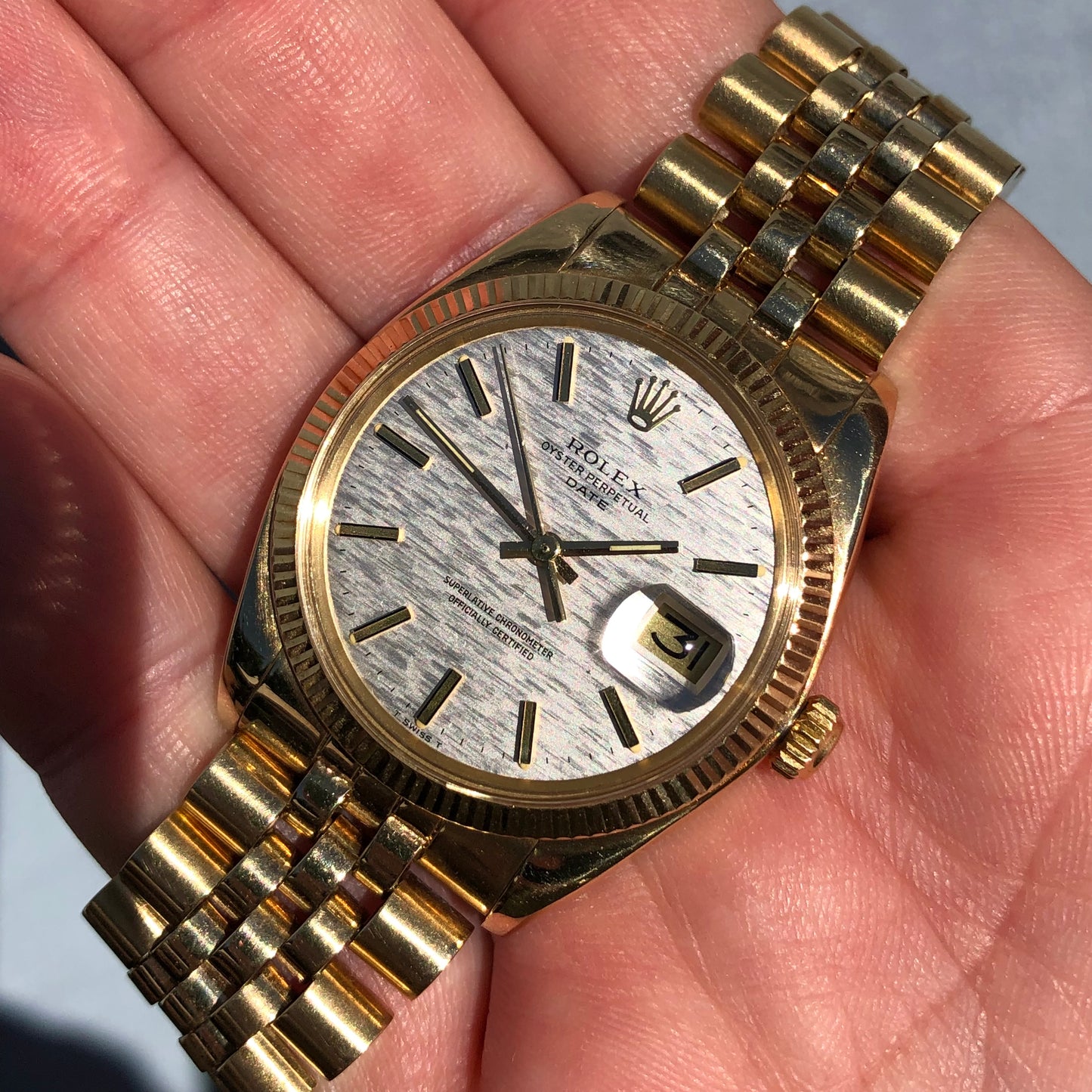 1980 Rolex Date 1503 14K Yellow Gold Silver Mosaic Dial Automatic Wristwatch