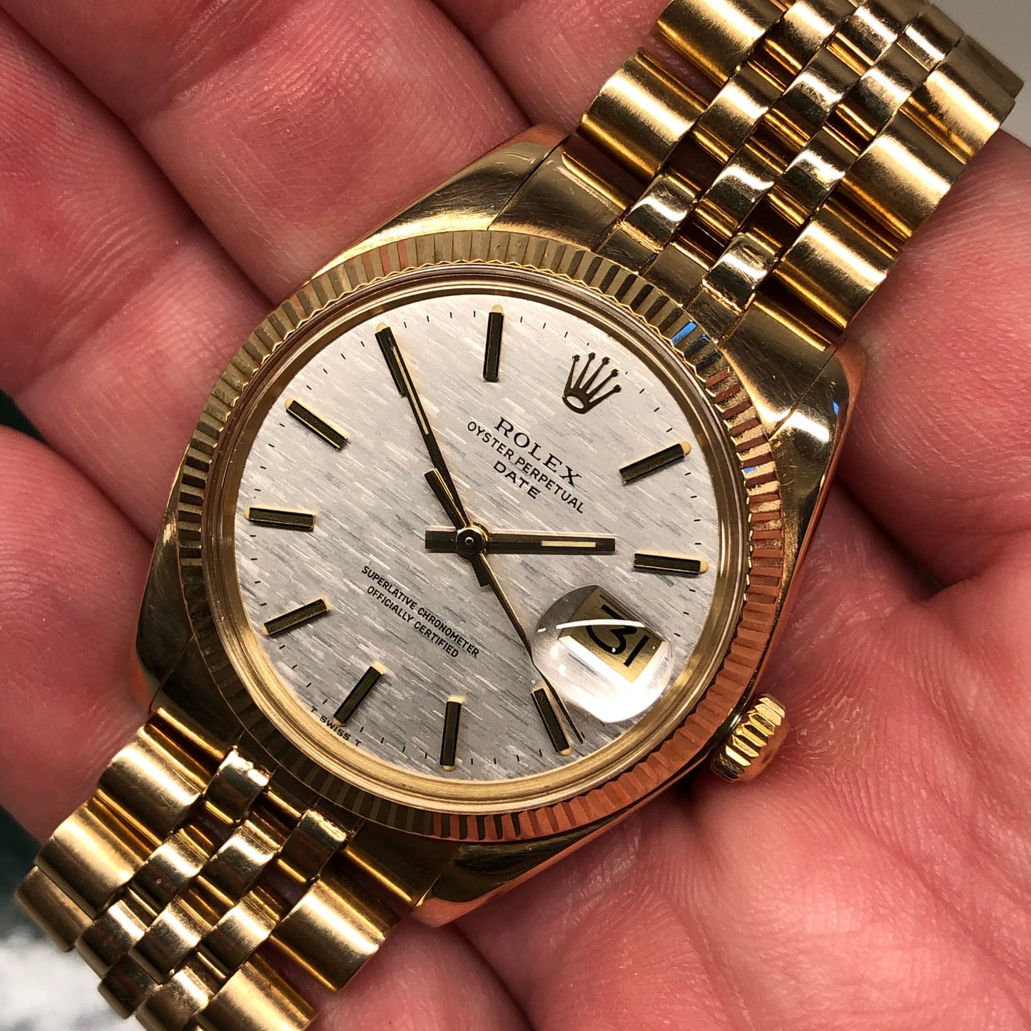 1980 Rolex Date 1503 14K Yellow Gold Silver Mosaic Dial Automatic Wristwatch