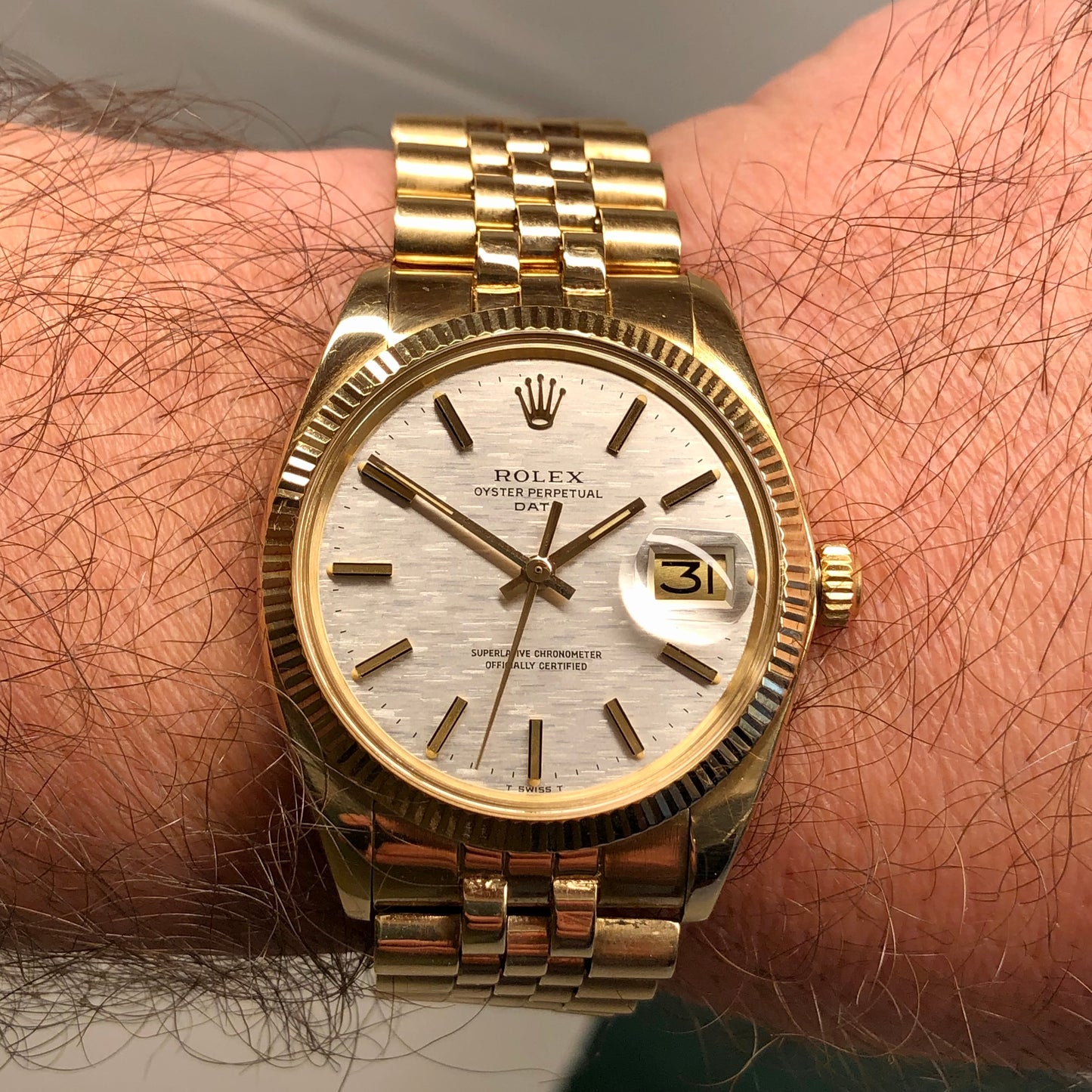1980 Rolex Date 1503 14K Yellow Gold Silver Mosaic Dial Automatic Wristwatch