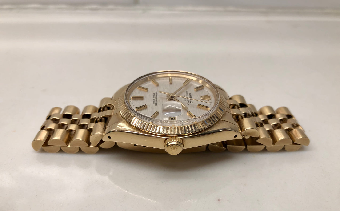 1980 Rolex Date 1503 14K Yellow Gold Silver Mosaic Dial Automatic Wristwatch