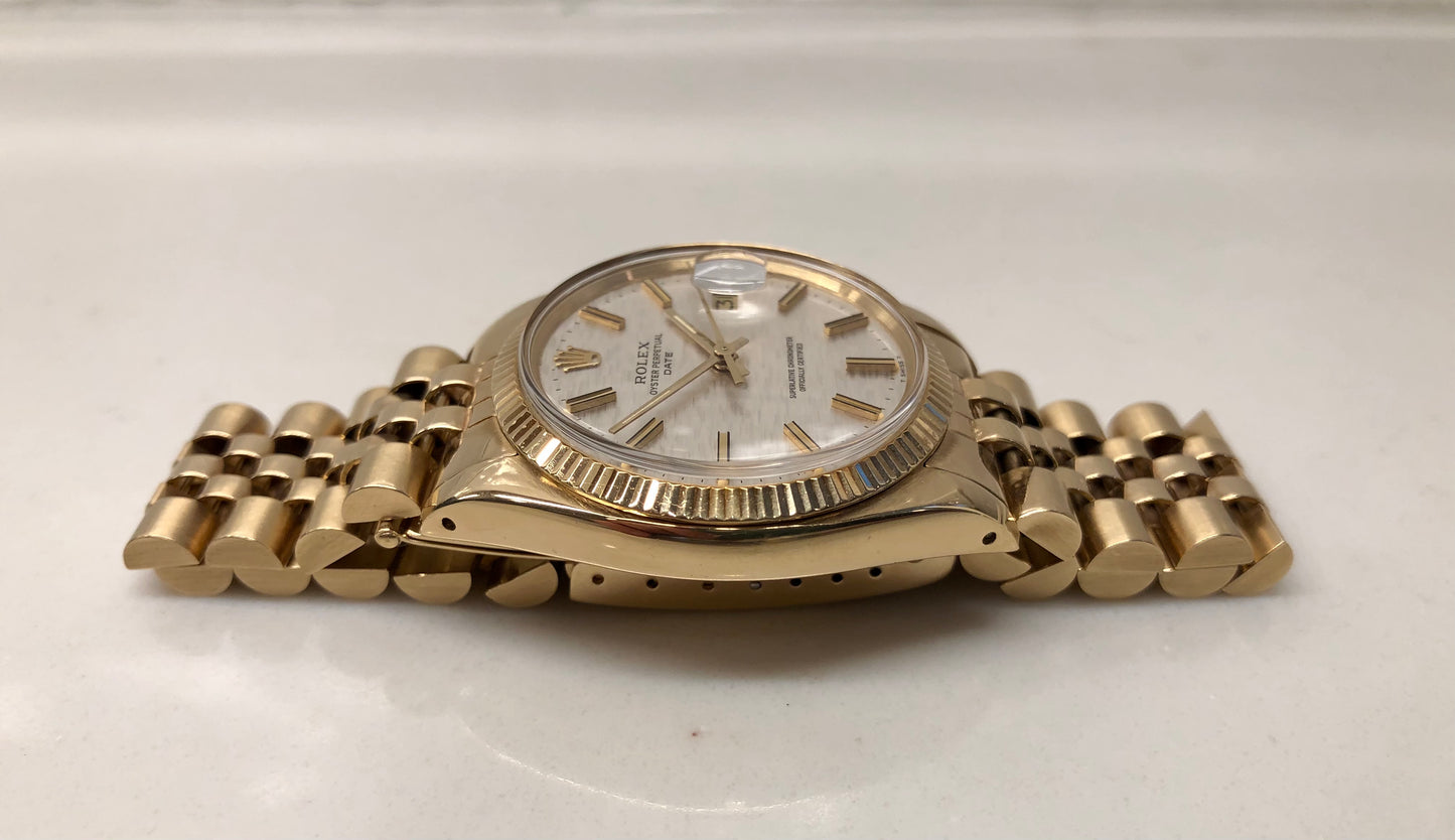 1980 Rolex Date 1503 14K Yellow Gold Silver Mosaic Dial Automatic Wristwatch