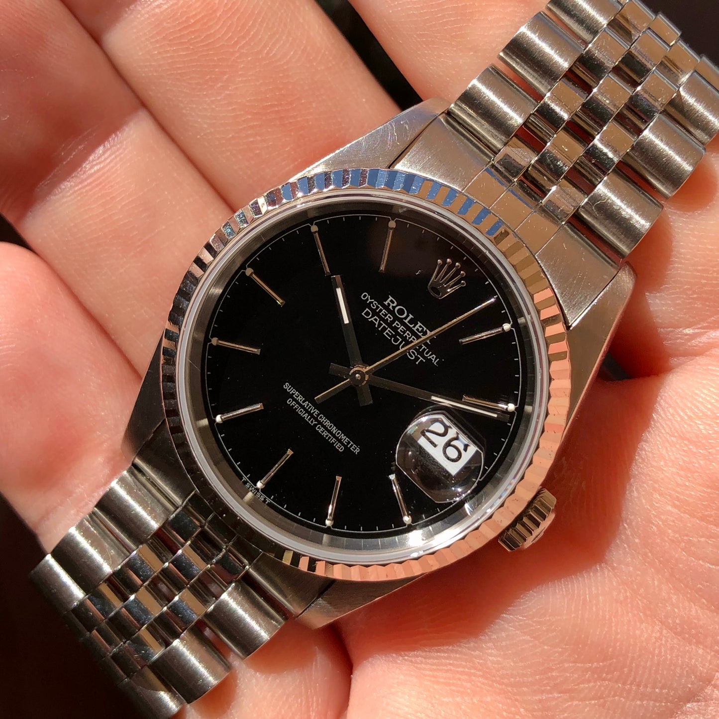 1996 Rolex Datejust 16234 Black "Silver Text" Chapter Ring Jubilee Automatic Wristwatch