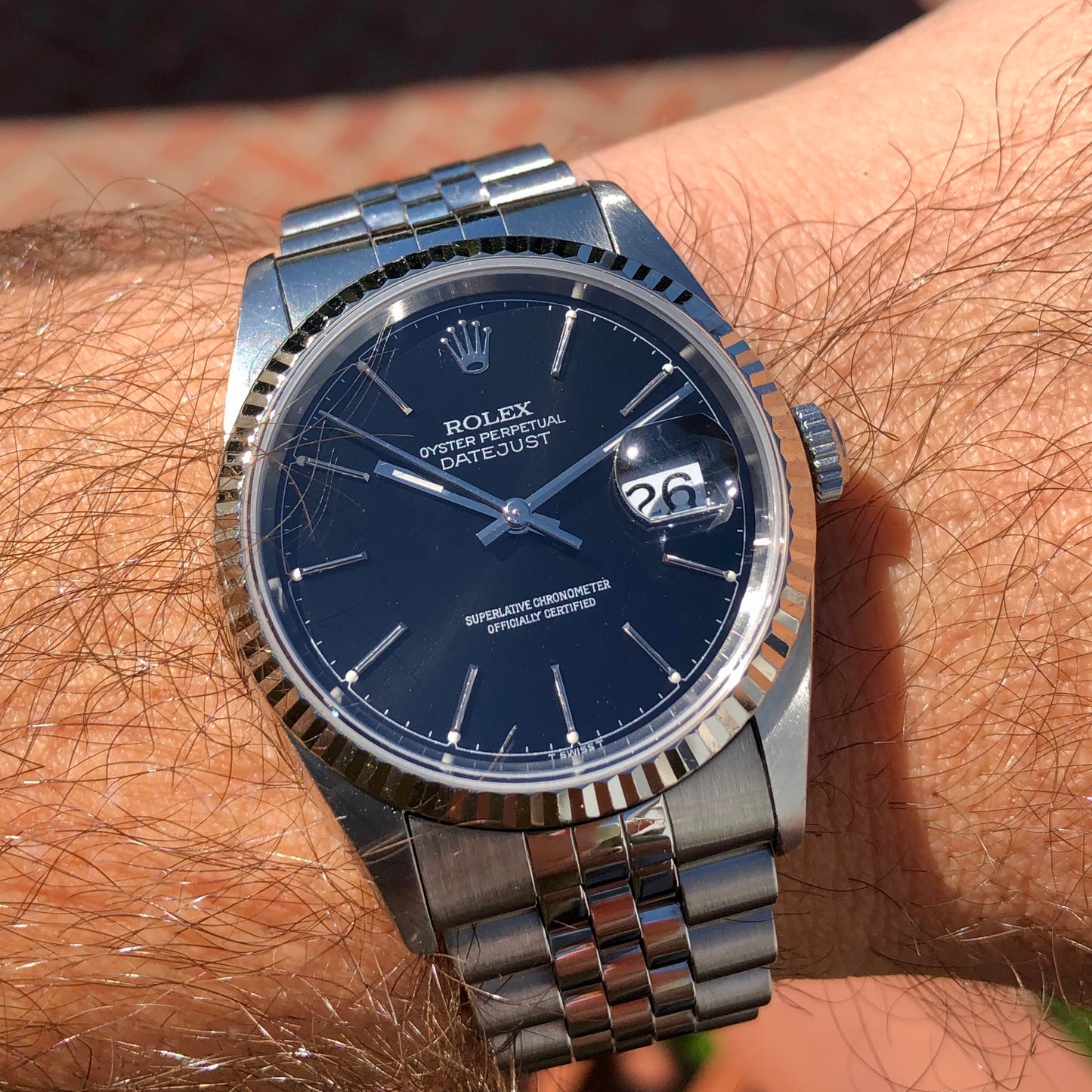 1996 Rolex Datejust 16234 Black "Silver Text" Chapter Ring Jubilee Automatic Wristwatch
