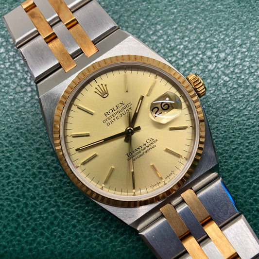 1986 Rolex Datejust Oysterquartz 17013 Two Tone Tiffany & Co. Champagne Dial Wristwatch - HASHTAGWATCHCO