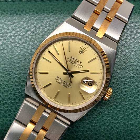 1986 Rolex Datejust Oysterquartz 17013 Two Tone Tiffany & Co. Champagne Dial Wristwatch - HASHTAGWATCHCO