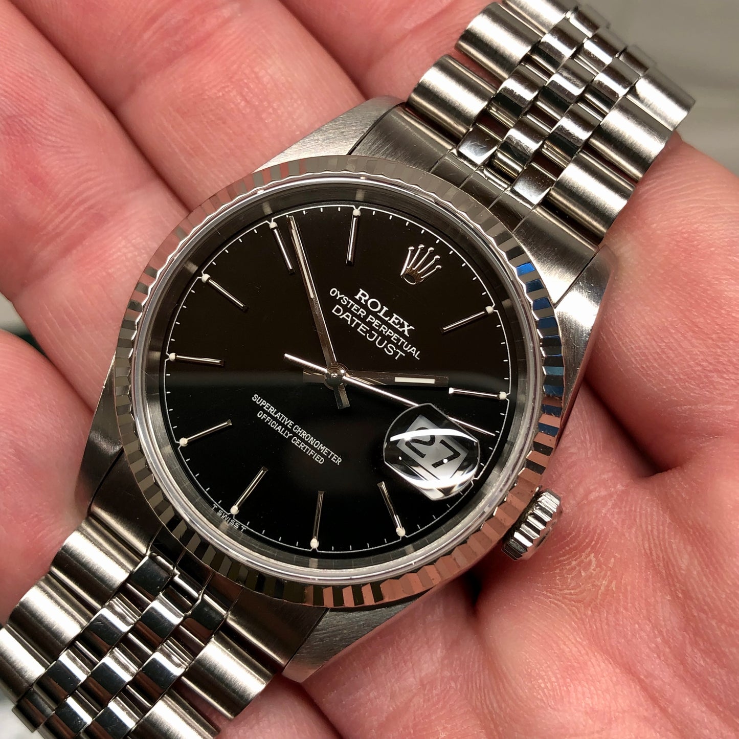 1996 Rolex Datejust 16234 Black "Silver Text" Chapter Ring Jubilee Automatic Wristwatch