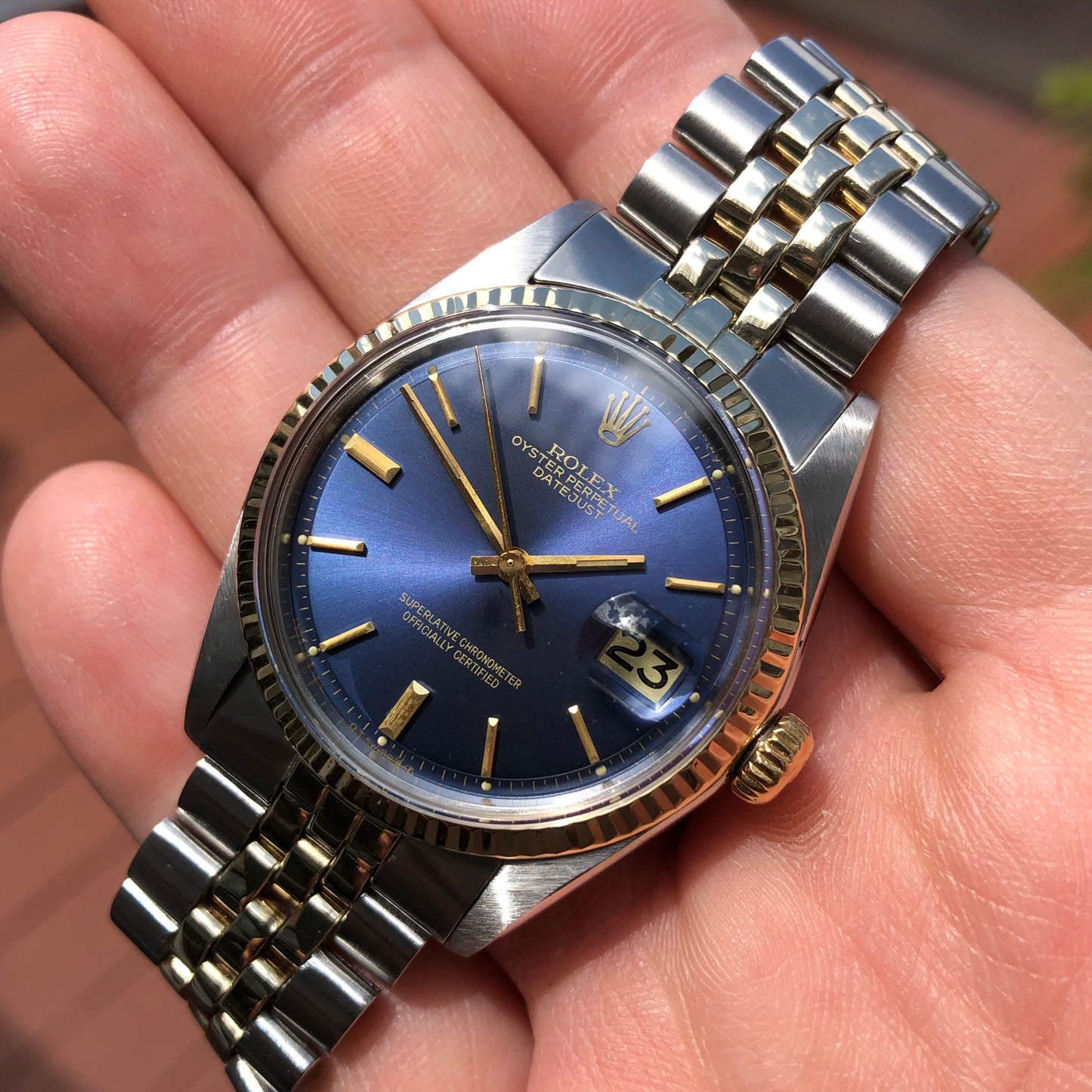 1974 Rolex Datejust 1601 Blue Sigma Dial Two Tone Big Logo Jubilee Automatic Wristwatch - Hashtag Watch Company