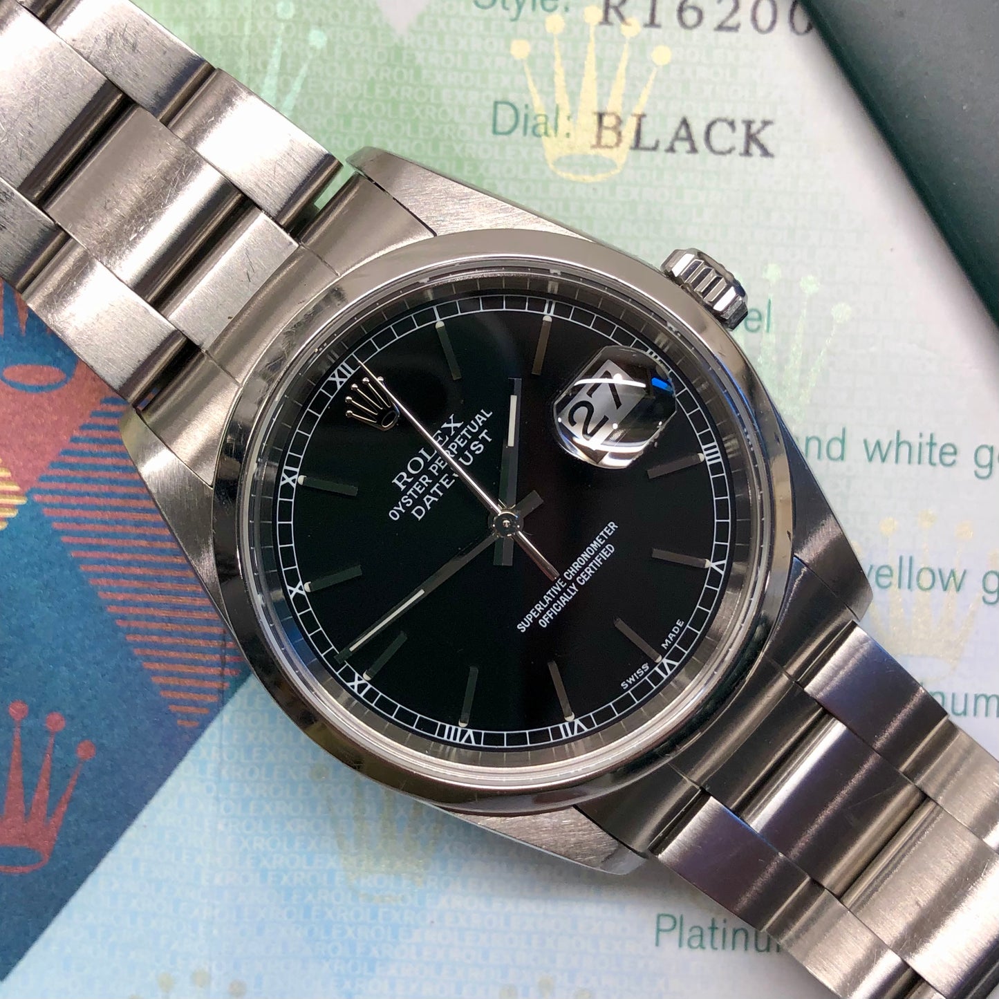 2003 Rolex Datejust 16200 Black Stick Oyster Perpetual Automatic Wristwatch with Papers