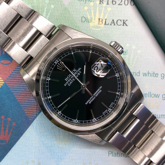 2003 Rolex Datejust 16200 Black Stick Oyster Perpetual Automatic Wristwatch with Papers