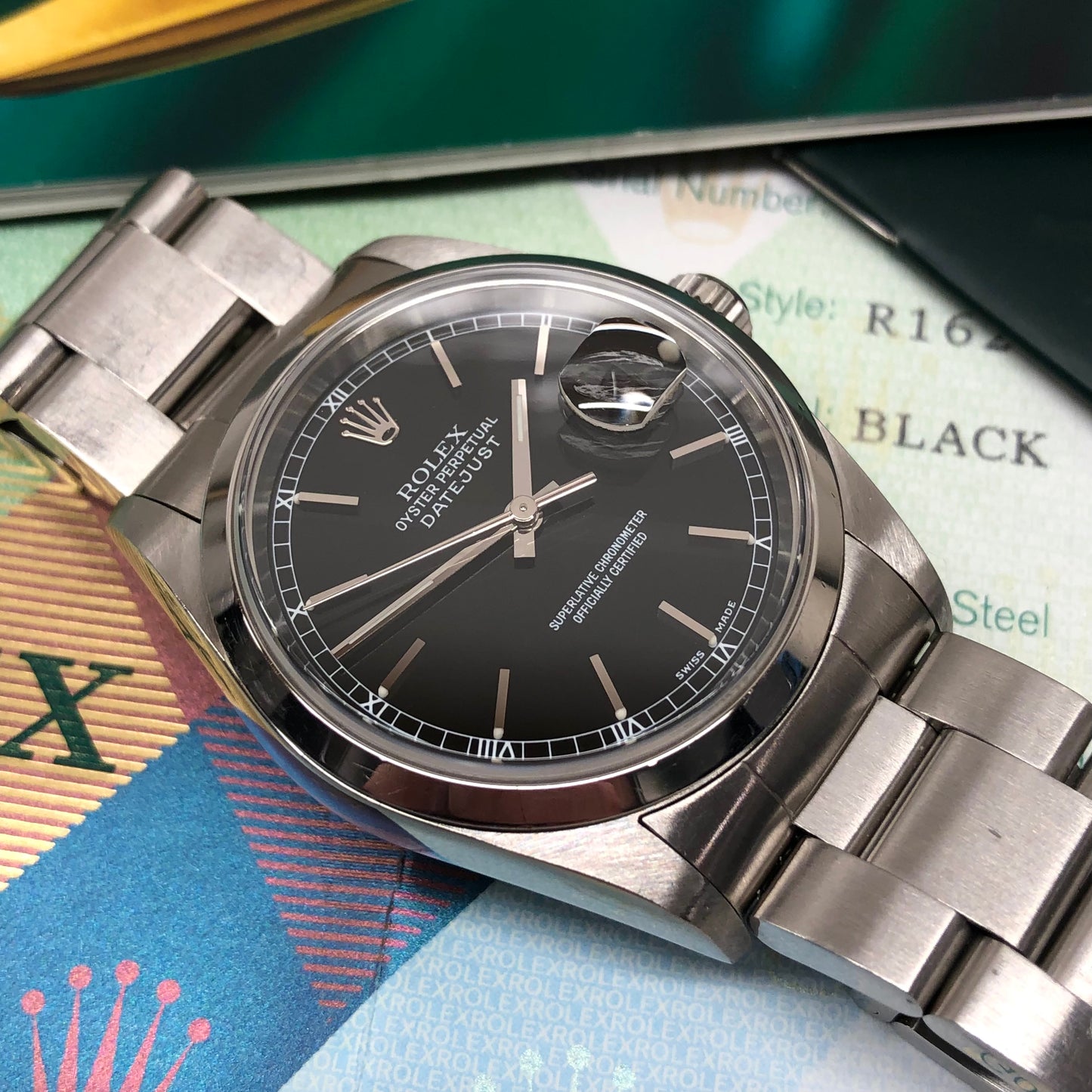 2003 Rolex Datejust 16200 Black Stick Oyster Perpetual Automatic Wristwatch with Papers